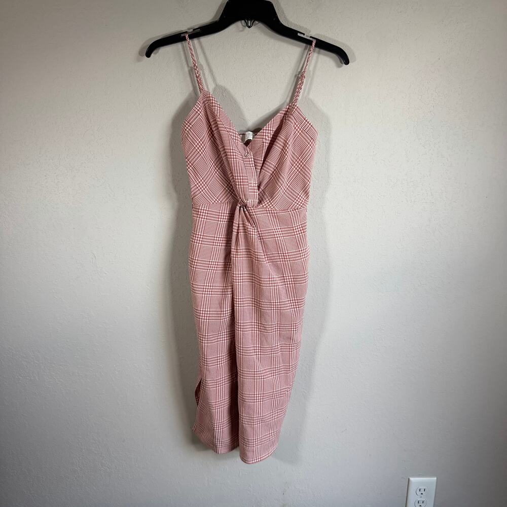 ASTR the Label Max Midi Dress Pink White Checkered Plaid Twist Front Women XS
